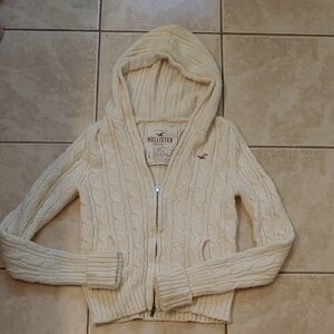 VTG Y2K Hollister Hoodie Sweater Cream Cable Knit Full Zip